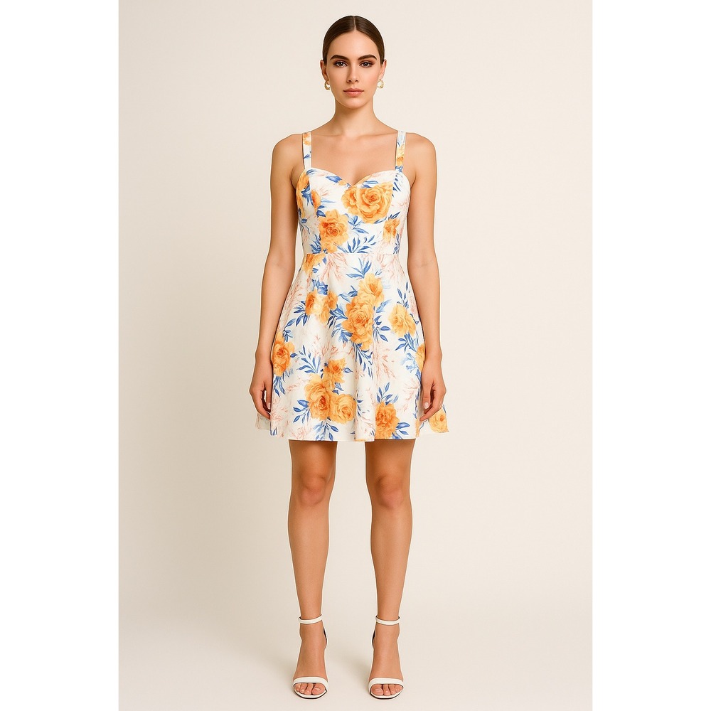 Bailey‎ Blue Floral Print Sweetheart Neck Fit Flare Dress Orange Blue White XL
